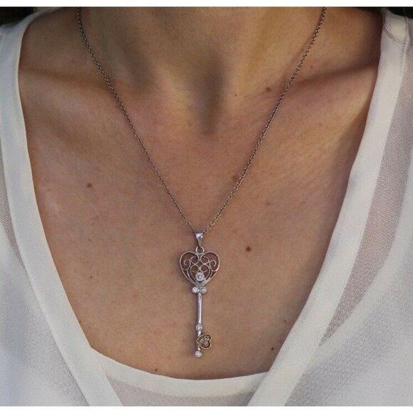 Heart Key Heart Necklace Sterling Silver Cz accents 16 inch chain - Picture 3 of 9